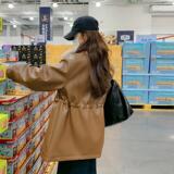 美拉德咖色短款翻领皮毛一体厚外套女秋冬2025新款高级感pu皮夹克，女装皮衣，2C028