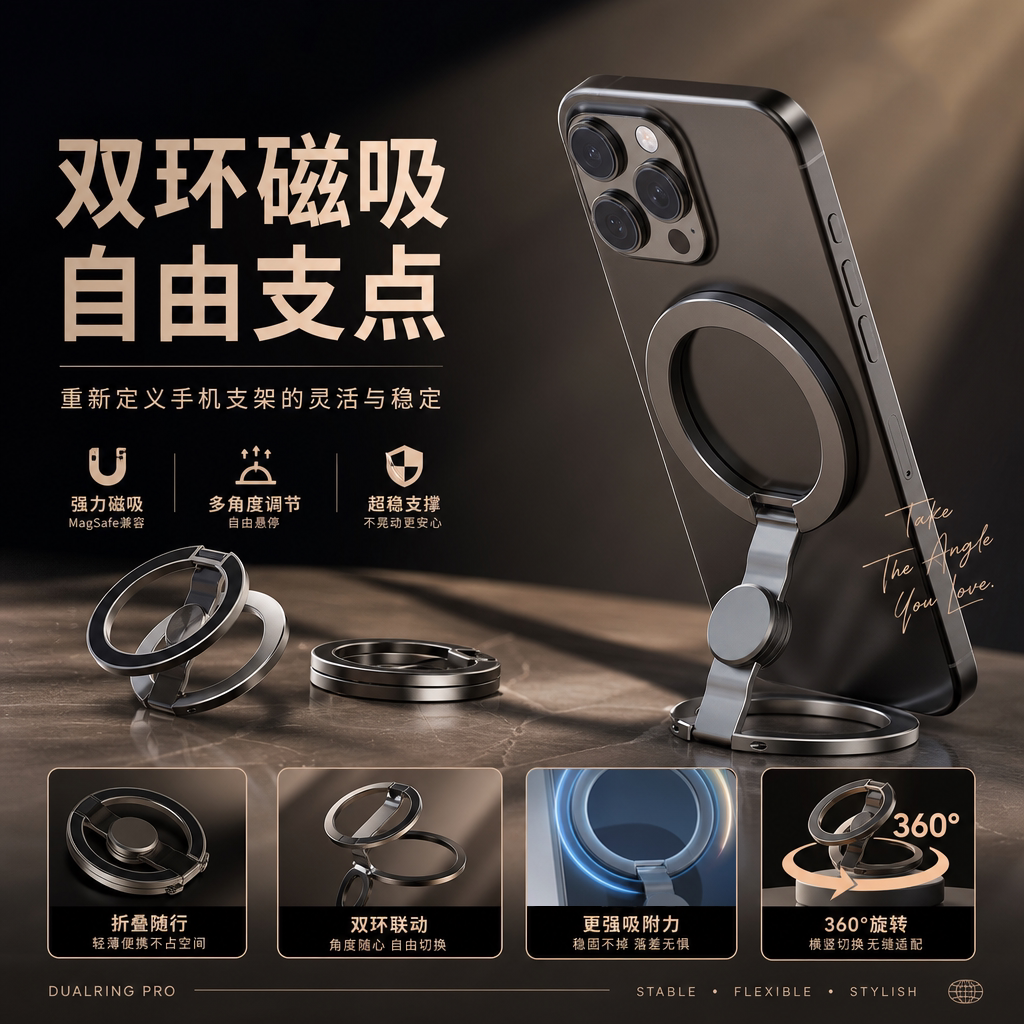 双环磁吸手机支架指尖陀螺手机指环支架桌面多功能支撑架