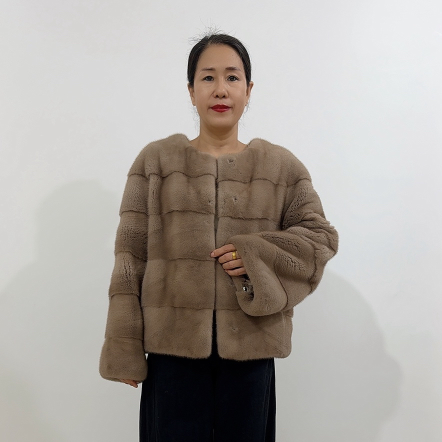 进口水貂皮草外套紫标天鹅绒年轻显瘦慵懒休闲圆领横排款2025