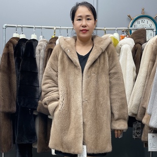 AA进口水貂皮大衣紫标天鹅绒整貂年轻显瘦中长连帽款帕斯条2025