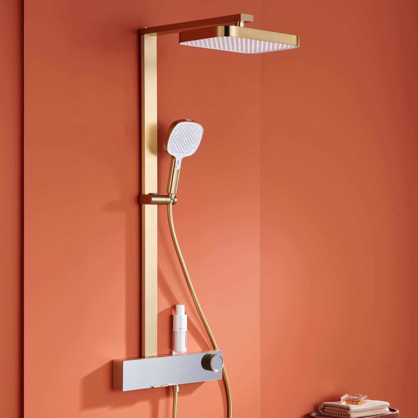 极简风超薄明装花洒套装拉丝金全铜浴室卫生间加大增压顶喷淋浴