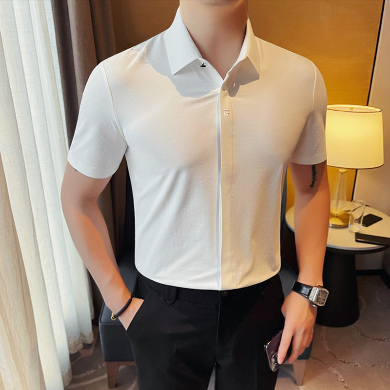 辉先生夏季男士暗扣英文刺绣衬衫纯色冰丝无痕休闲职业短袖衬衣潮