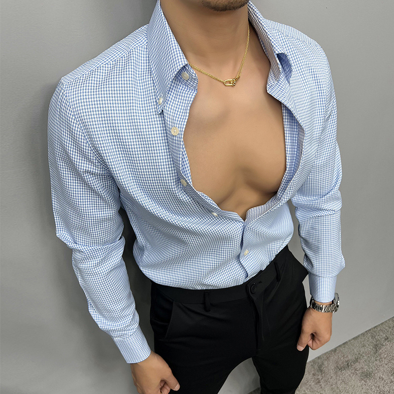 辉先生立领商务休闲千鸟格衬衫