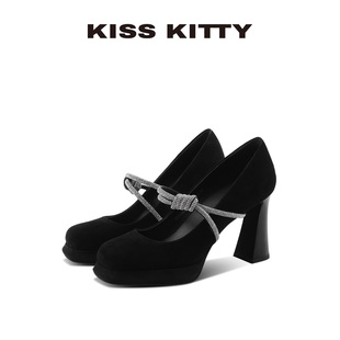 KISSKITTY玛丽珍鞋女一字带高跟鞋2025新款小个子粗跟绒面单鞋女