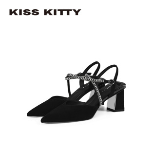 KISSKITTY一字扣带凉鞋黑色2026夏新款尖头羊皮粗跟不累脚高跟鞋