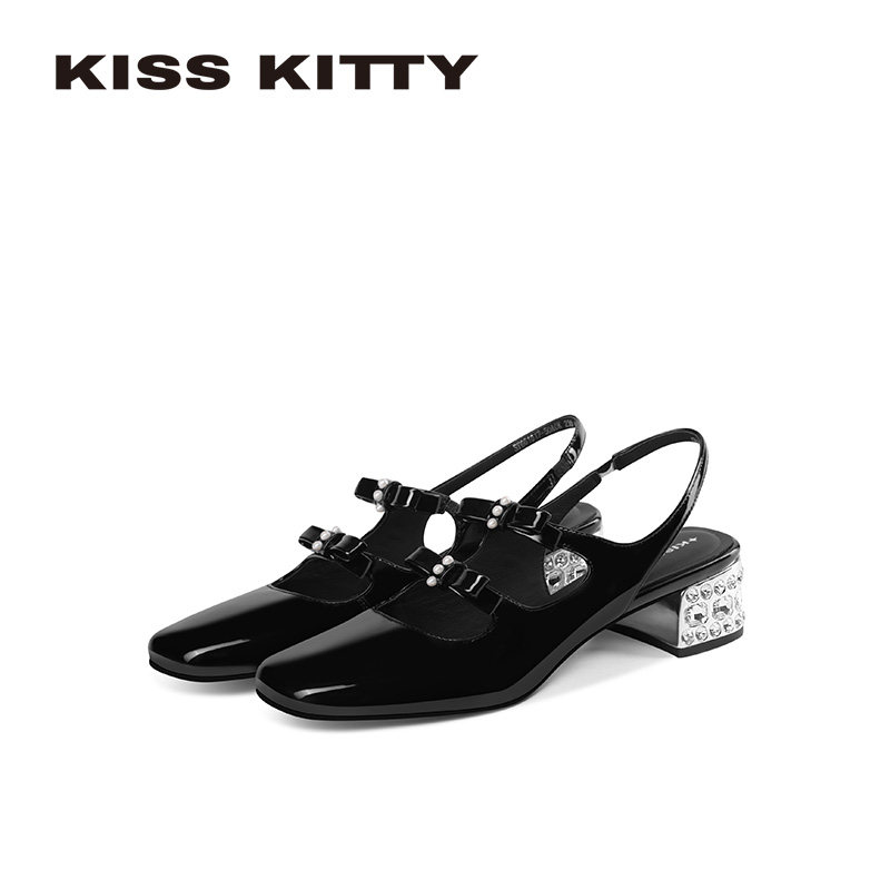 KISSKITTY粗跟后空凉鞋26新款双蝴蝶结玛丽珍鞋女通勤约会百搭