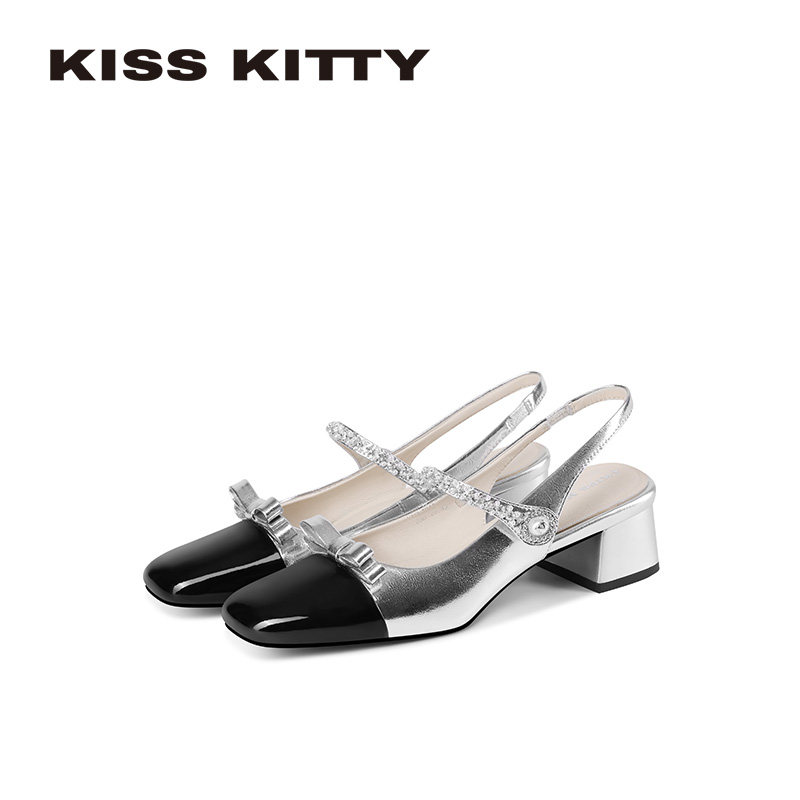 KISSKITTY法式方头玛丽珍鞋26年新款水钻一字带粗跟凉鞋女夏外穿