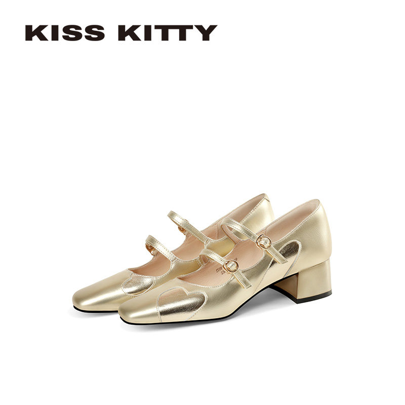 KISSKITTY玛丽珍女2026春季新款粗高跟金色方头jk学院风浅口单鞋,女鞋,玛丽珍鞋,淘宝优惠券,粉丝福利购,淘宝优惠卷