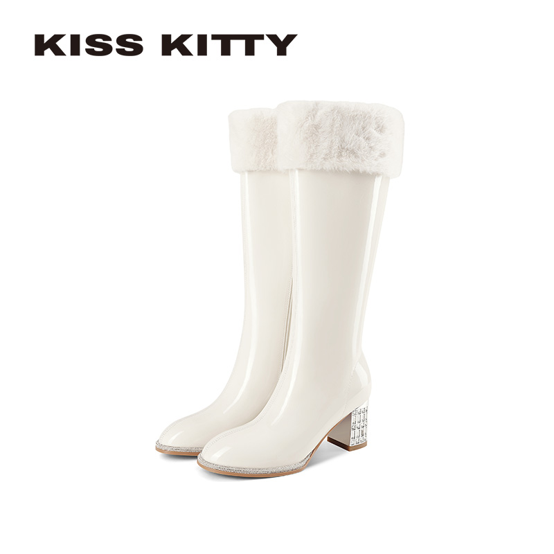 KISSKITTY白色长靴女25冬加绒毛毛骑士高筒小个子高跟雪地长筒靴