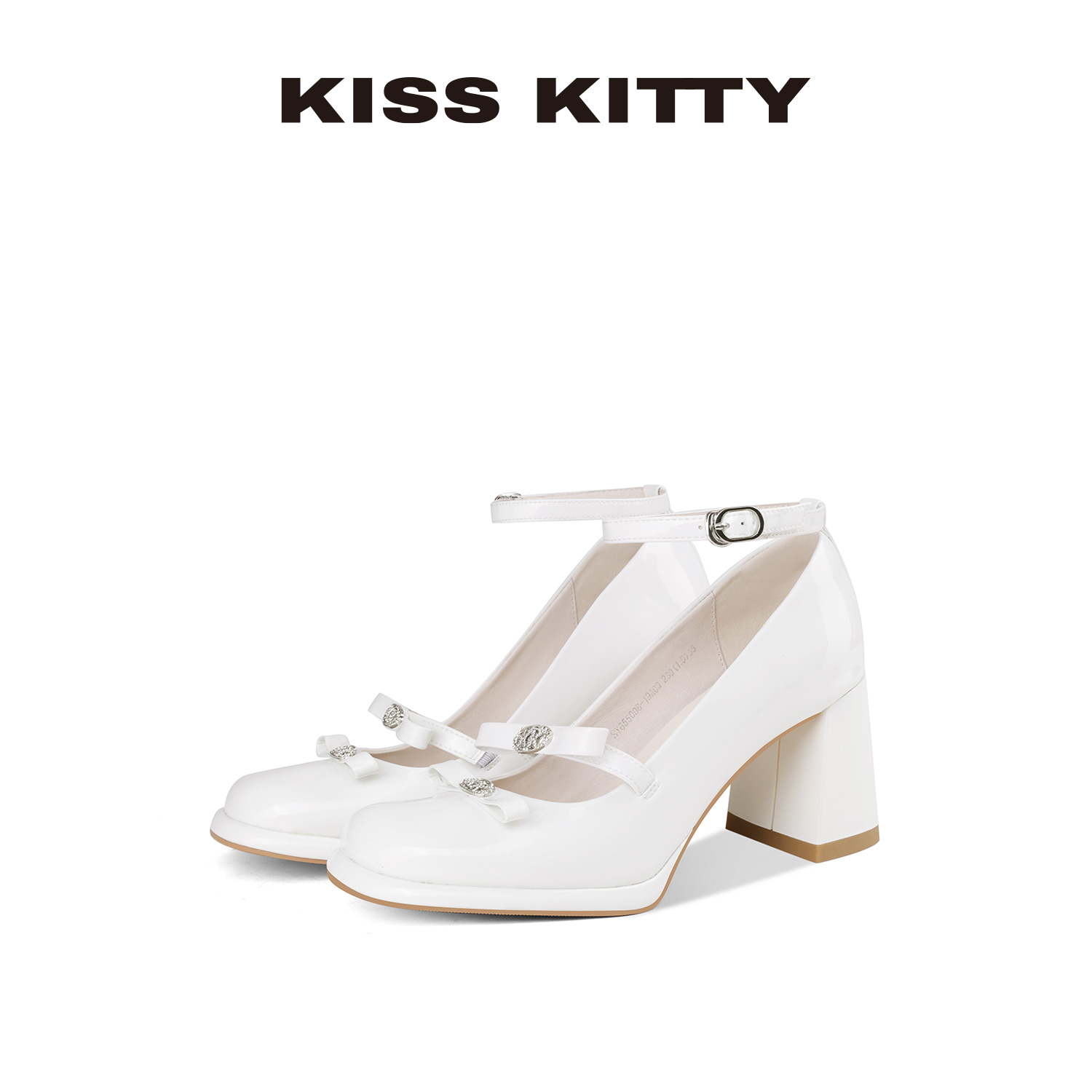 KK水晶扣高跟鞋一字带粗跟单鞋