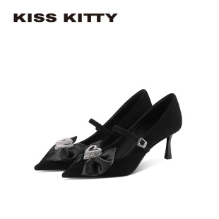 KISSKITTY细跟高跟鞋 羊反绒单鞋 水钻蝴蝶结玛丽珍鞋 女26春新款