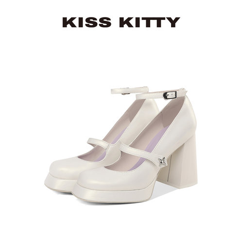 KISSKITTY粗跟玛丽珍女新款一字扣带方头高跟鞋不累脚白色单鞋