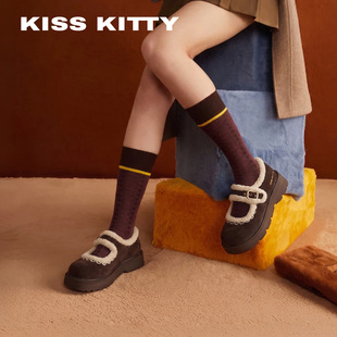 KISSKITTY学院花蕾 保暖雪地女靴子26新款加绒厚底羊反绒毛毛鞋