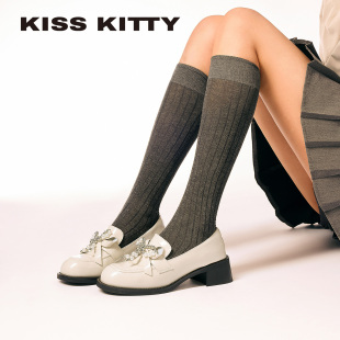 女 气质玛丽珍一脚蹬单鞋 KISSKITTY粗跟高跟鞋 女不累脚拼色小皮鞋