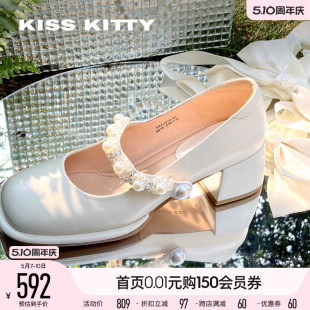 白色粗跟单鞋 KISSKITTY夏季 婚鞋 珍宝玛丽珍 小香风浅口高跟鞋