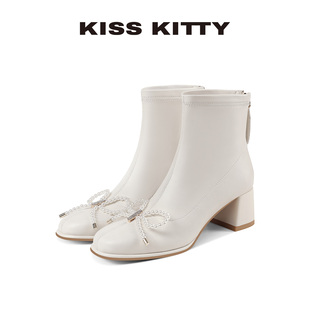 【呼呼专享】KISSKITTY弹力瘦瘦靴新款蝴蝶结切尔西靴高跟短靴女