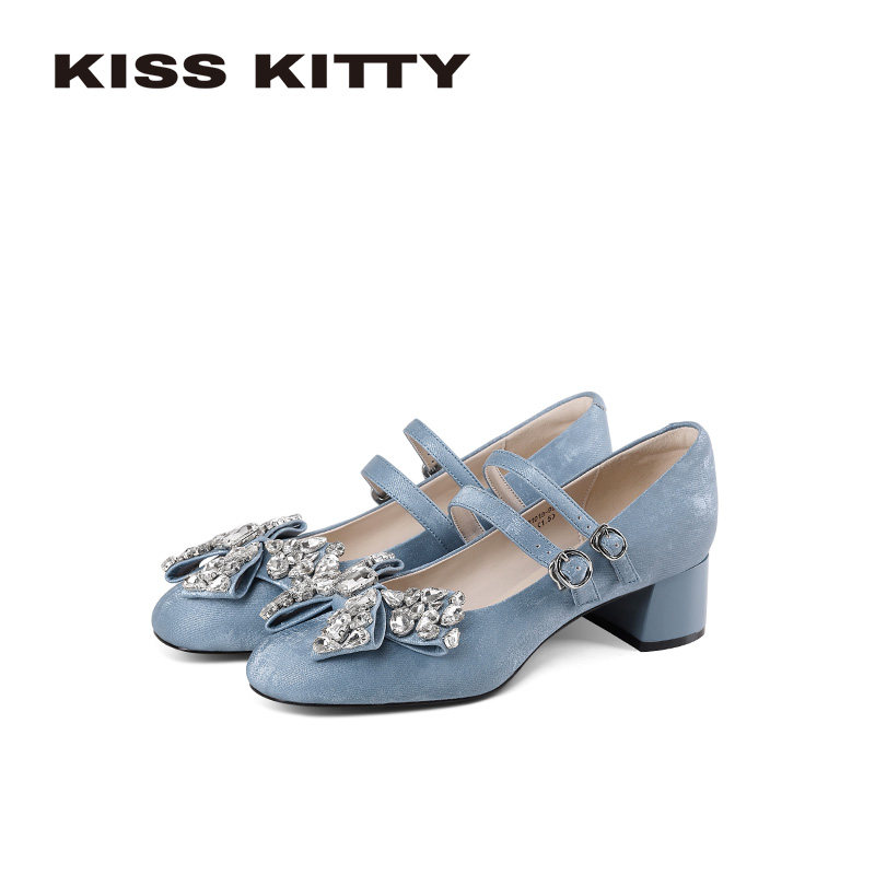 KISSKITTY法式水钻蝴蝶结单鞋26夏季新款粗跟玛丽珍鞋中跟