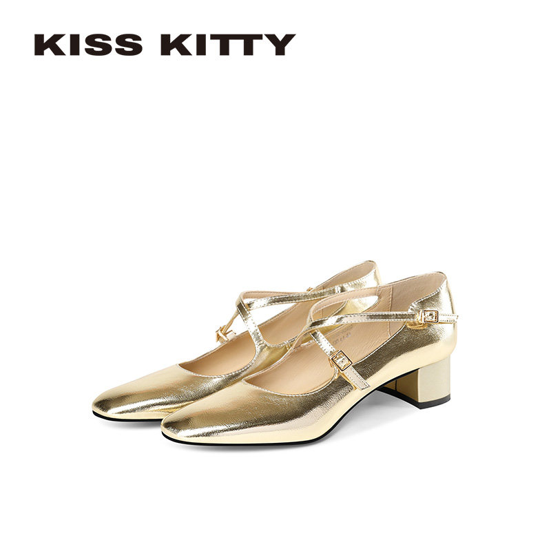 KISSKITTY粗跟玛丽珍鞋女法式复古芭蕾单鞋2026新款不累脚高跟鞋