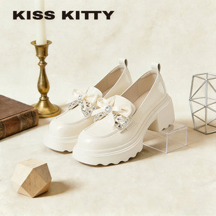 KISSKITTY水钻蝴蝶结小皮鞋女2026春季新款厚底深口单鞋乐福鞋