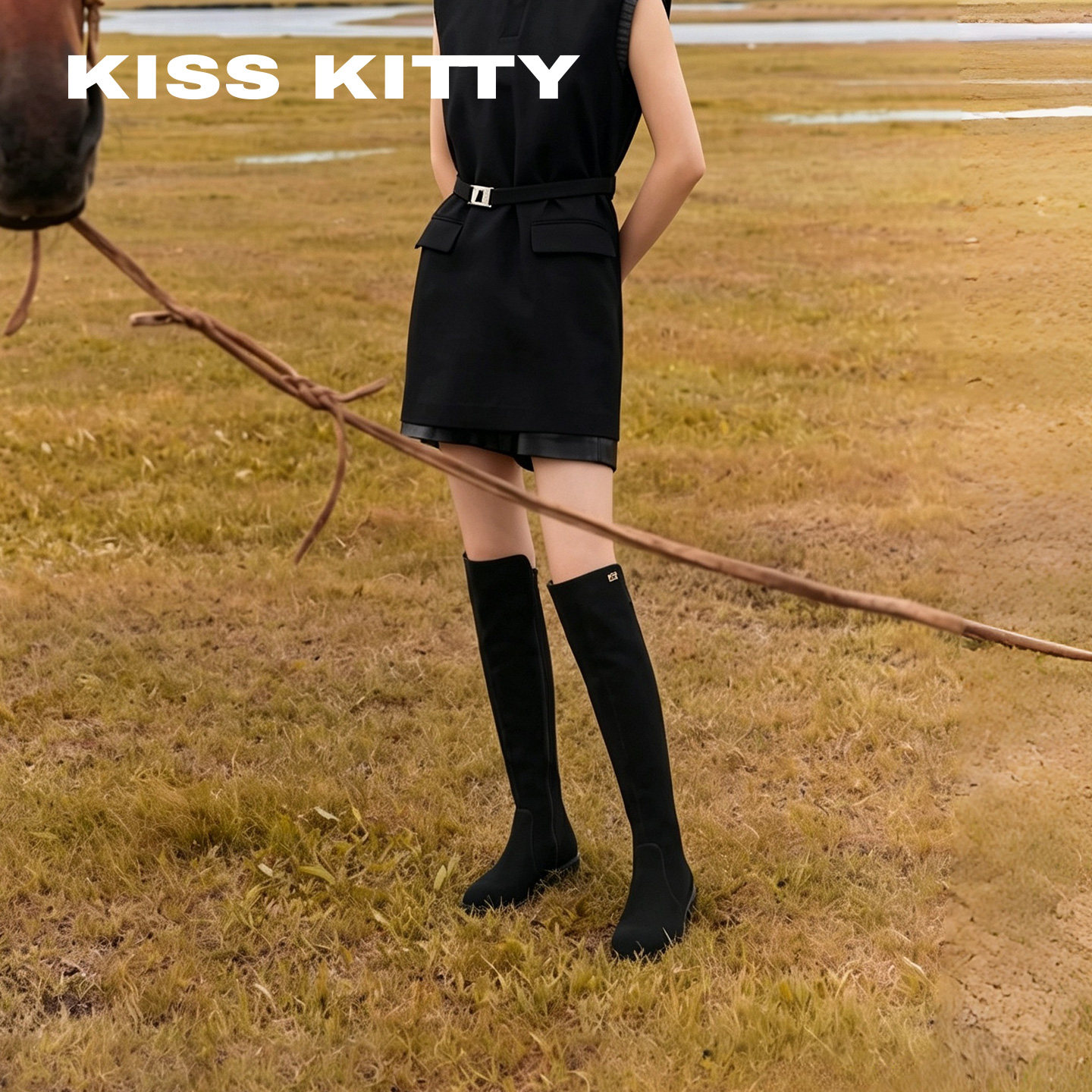 【呼呼专享】KISSKITTY复古羊反绒长筒靴26年粗跟瘦瘦靴过膝长靴