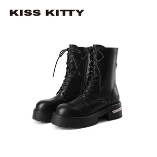 KISSKITTY户外马丁靴2025冬季新款厚底机车靴黑色增高5.5cm短靴女
