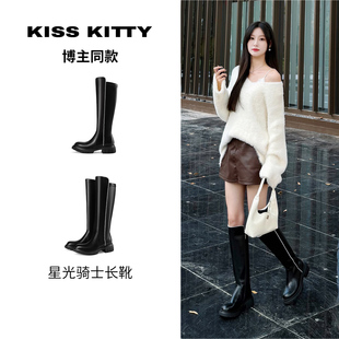 KISSKITTY博主同款长筒靴女冬珍珠粗跟厚底不过膝长靴显瘦高筒靴