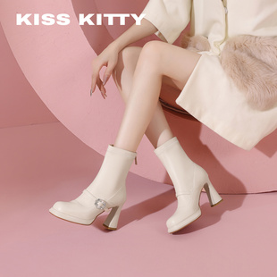 KISSKITTY玛丽珍增高弹力短靴2025秋季新款米白色水晶方扣瘦瘦靴