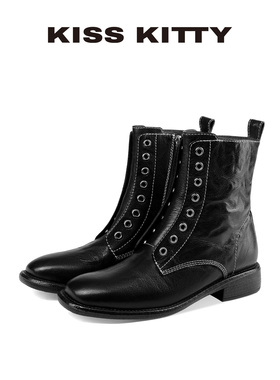 KISSKITTY黑色短靴子2025年秋冬新款羊皮褶皱烟筒靴复古西部女靴