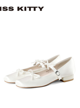 KISSKITTY法式白色玛丽珍鞋女2026新款蝴蝶结芭蕾舞平底低跟单鞋