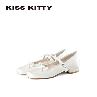 KISSKITTY法式 女2026新款 蝴蝶结芭蕾舞平底低跟单鞋 白色玛丽珍鞋
