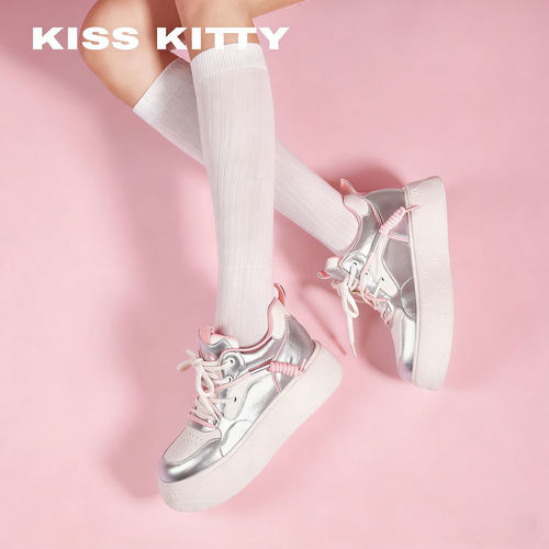 KISSKITTY厚底板鞋女2026春季新款小个子增高拼接百搭银色休闲鞋