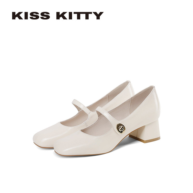 KISSKITTY玛丽珍鞋女2026春季新款时尚法式复古粗跟浅口高跟单鞋