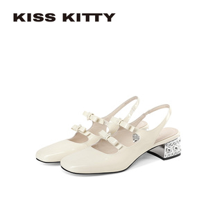 双蝴蝶结玛丽珍鞋 女通勤约会百搭 26新款 KISSKITTY粗跟后空凉鞋