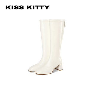 KISSKITTY白色长筒靴女2026新款高筒靴皮靴高跟方头骑士靴长靴子