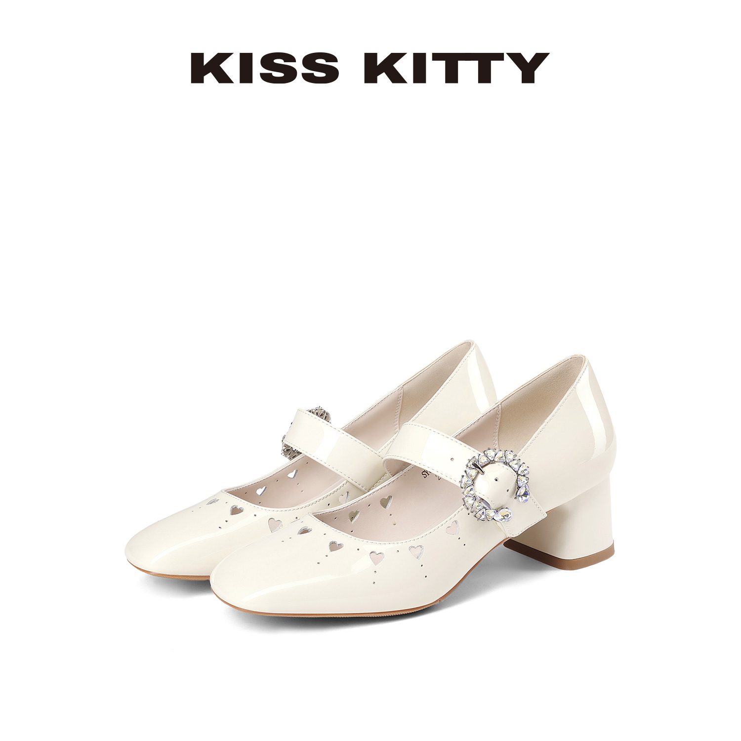 KISSKITTY法式粗跟玛丽珍鞋女爱心新款方头一字带高跟女鞋设计感