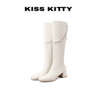 KISSKITTY米白色骑士靴25冬季新款增高长筒靴女珍珠链条瘦瘦靴