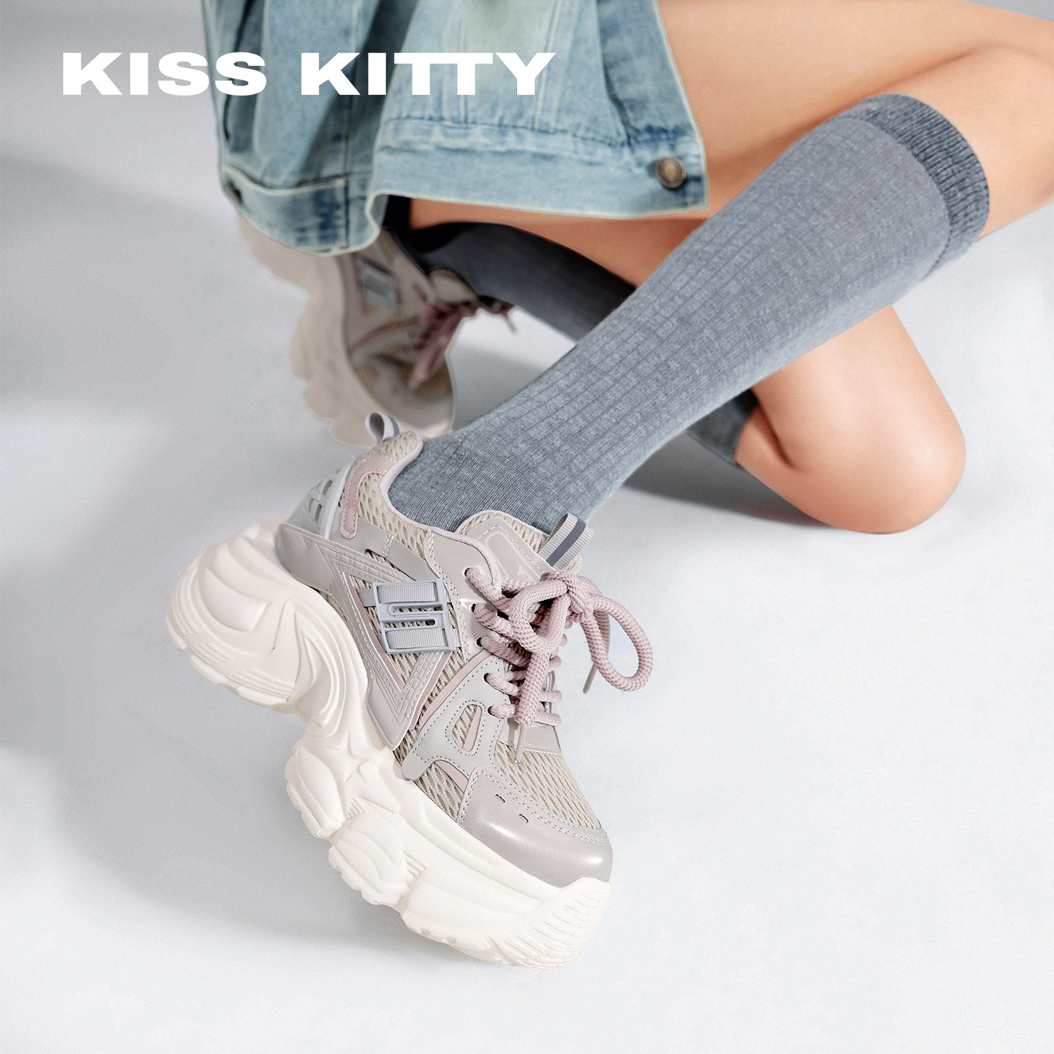 KISSKITTY厚底隐形内增高小个子老爹鞋2025秋季新款运动松糕鞋女
