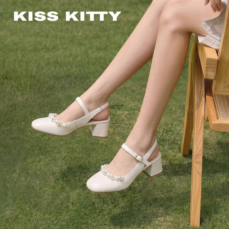 KISSKITTY包头凉鞋女26新款珍珠方头高跟鞋后空百搭粗跟玛