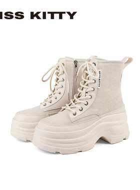 KISSKITTY2025冬季新款英伦风马丁靴厚底增高机车靴米色短靴女