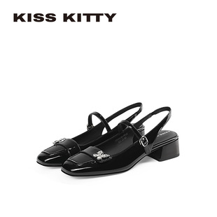 KISSKITTY方头牛皮后空单鞋 粗跟玛丽珍鞋 蝴蝶结包头凉鞋 女26新款