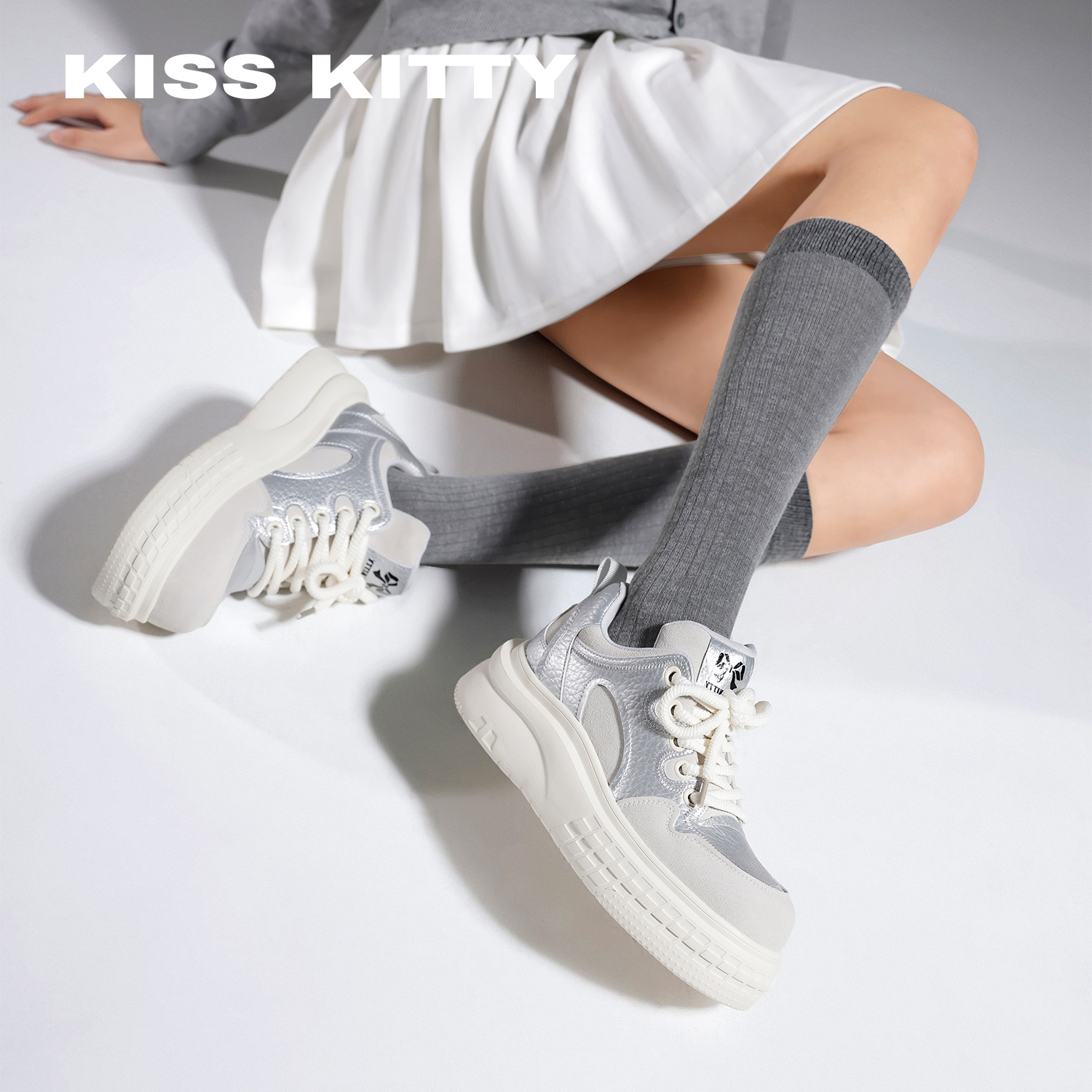 KISSKITTY厚底大头板鞋女银色拼色松糕底学生百搭休闲增高运动鞋