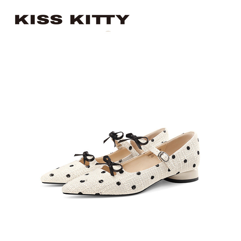 KISSKITTY蝴蝶结复古玛丽珍鞋26年新款波点尖头高跟鞋粗跟不累脚