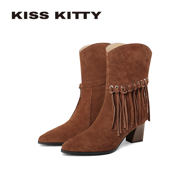 KISSKITTY棕色流苏西部牛仔靴女2025美拉德长筒靴废土风中筒短靴
