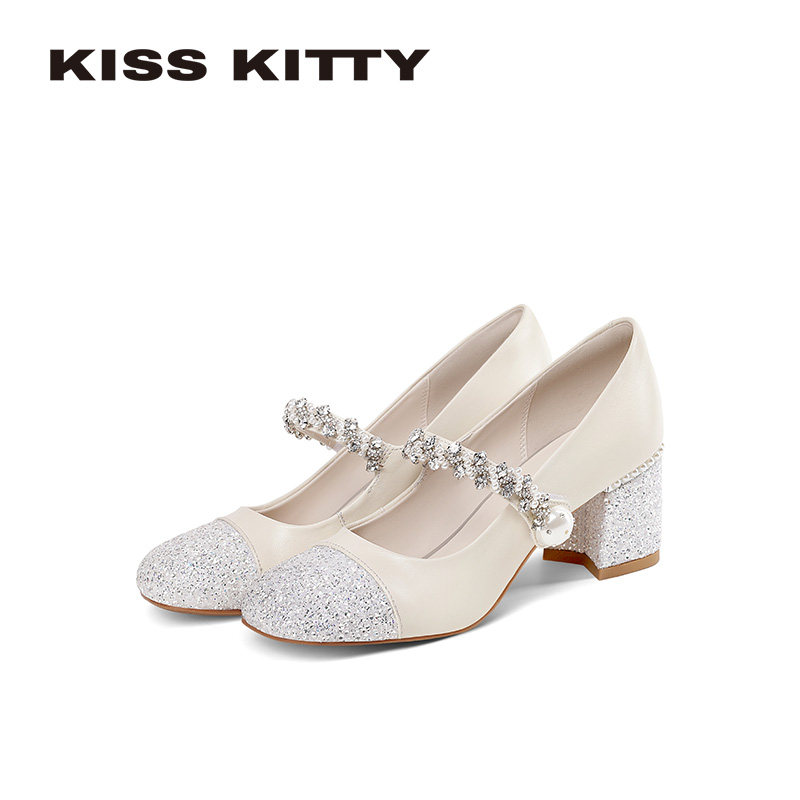 KISSKITTY拼接玛丽珍女2026新款小香风方头粗跟羊皮法式高跟单鞋