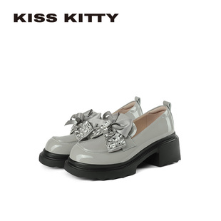 厚底深口单鞋 KISSKITTY水钻蝴蝶结小皮鞋 女2026春季 新款 乐福鞋