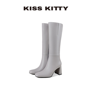 KISSKITTY粗高跟长靴冬季新款骑士靴女瘦瘦靴高筒靴显瘦加绒保暖