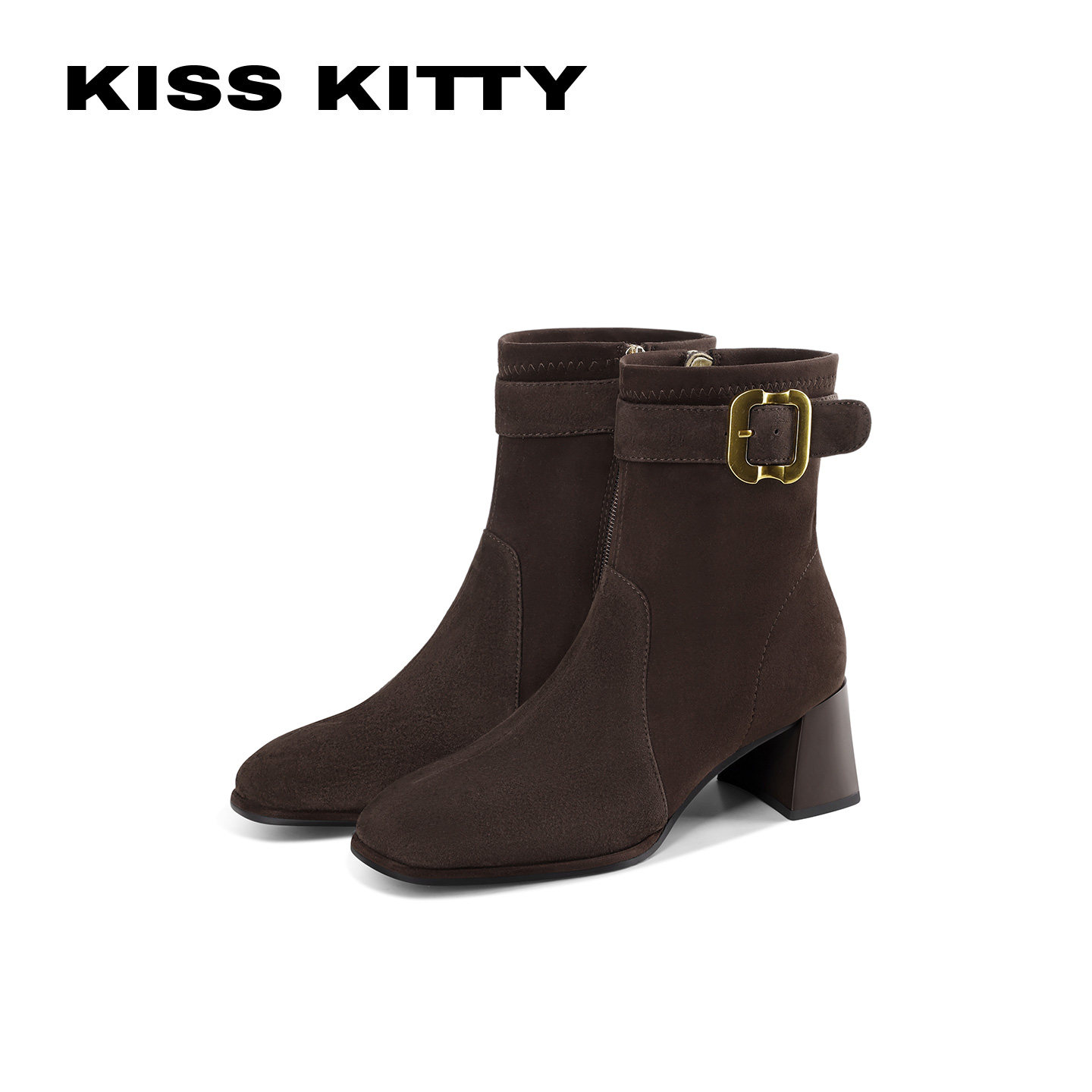 KISSKITTY皮带扣粗跟短靴女2026新款羊反绒切尔西靴增高显瘦女靴