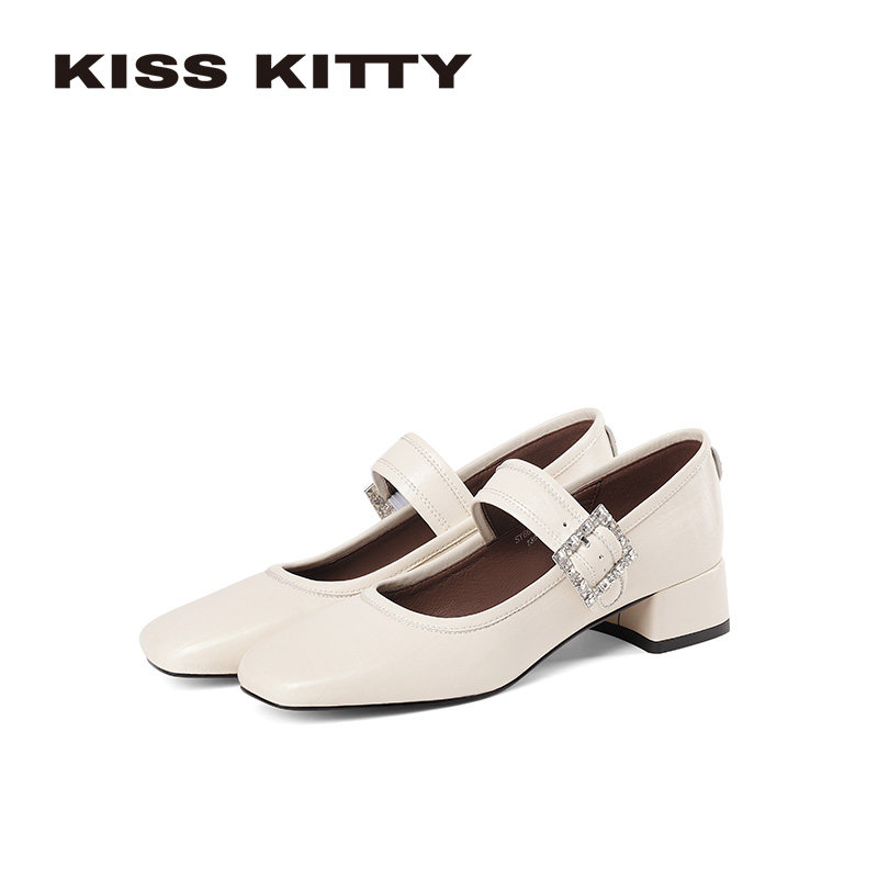 KISSKITTY玛丽珍鞋2026新款法式方头单鞋女粗跟水钻漆皮高跟鞋,女鞋,玛丽珍鞋,淘宝优惠券,粉丝福利购,淘宝优惠卷
