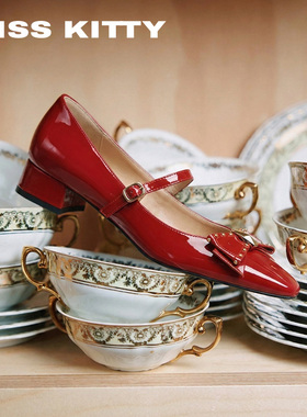 KISSKITTY法式红色芭蕾玛丽珍鞋26新款铆钉蝴蝶结单鞋粗跟不累脚