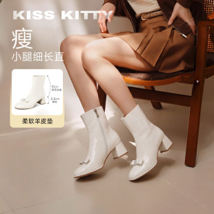 KISSKITTY法式拼接时装靴26新款珍珠蝴蝶结瘦瘦靴子粗跟显瘦短靴